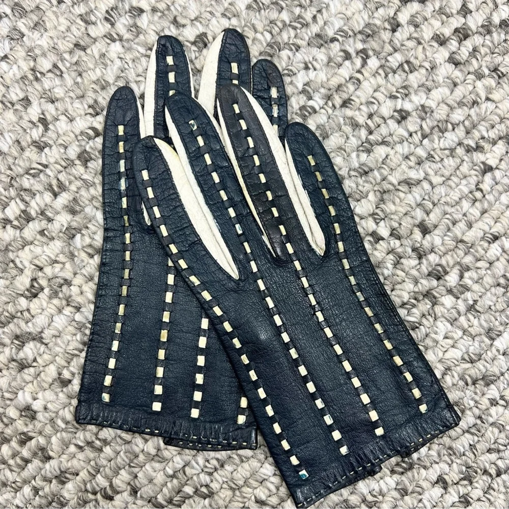 Vintage mid-century Morgan's blue white woven Italian leather driving gloves 6
